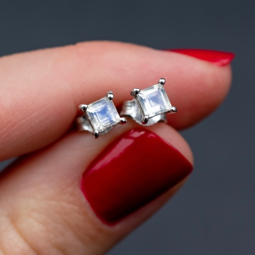 Small square moonstone stud earrings, sterling silver accent blue moon jewelry